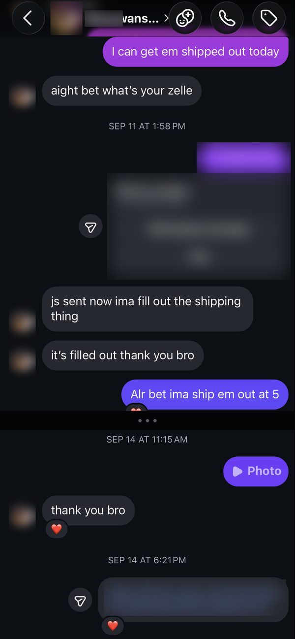 Instagram chat: buyer pays, fills out shipping, I ship that day and send tracking; buyer says thank you bro.