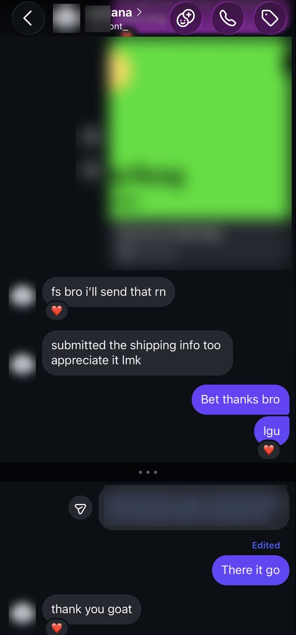 Instagram chat: buyer sends payment and shipping info, I send tracking; buyer says thank you goat.